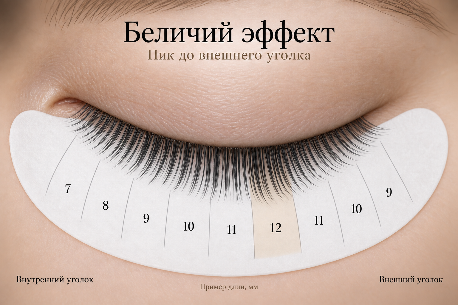 Учебная иллюстрация беличьей карты: максимум 12 мм до внешнего уголка и сокращение через 11, 10 до 9 мм